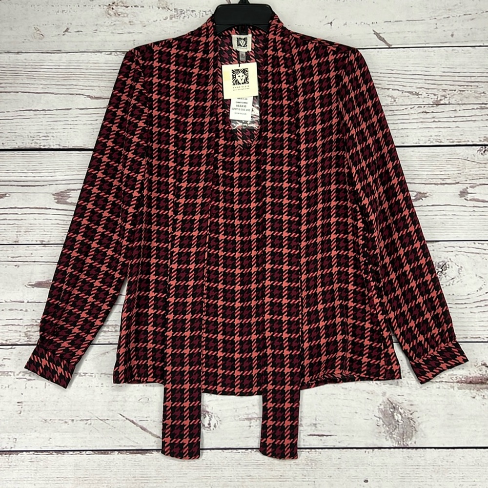 Anne Klein Red and Black Houndstooth Blouse